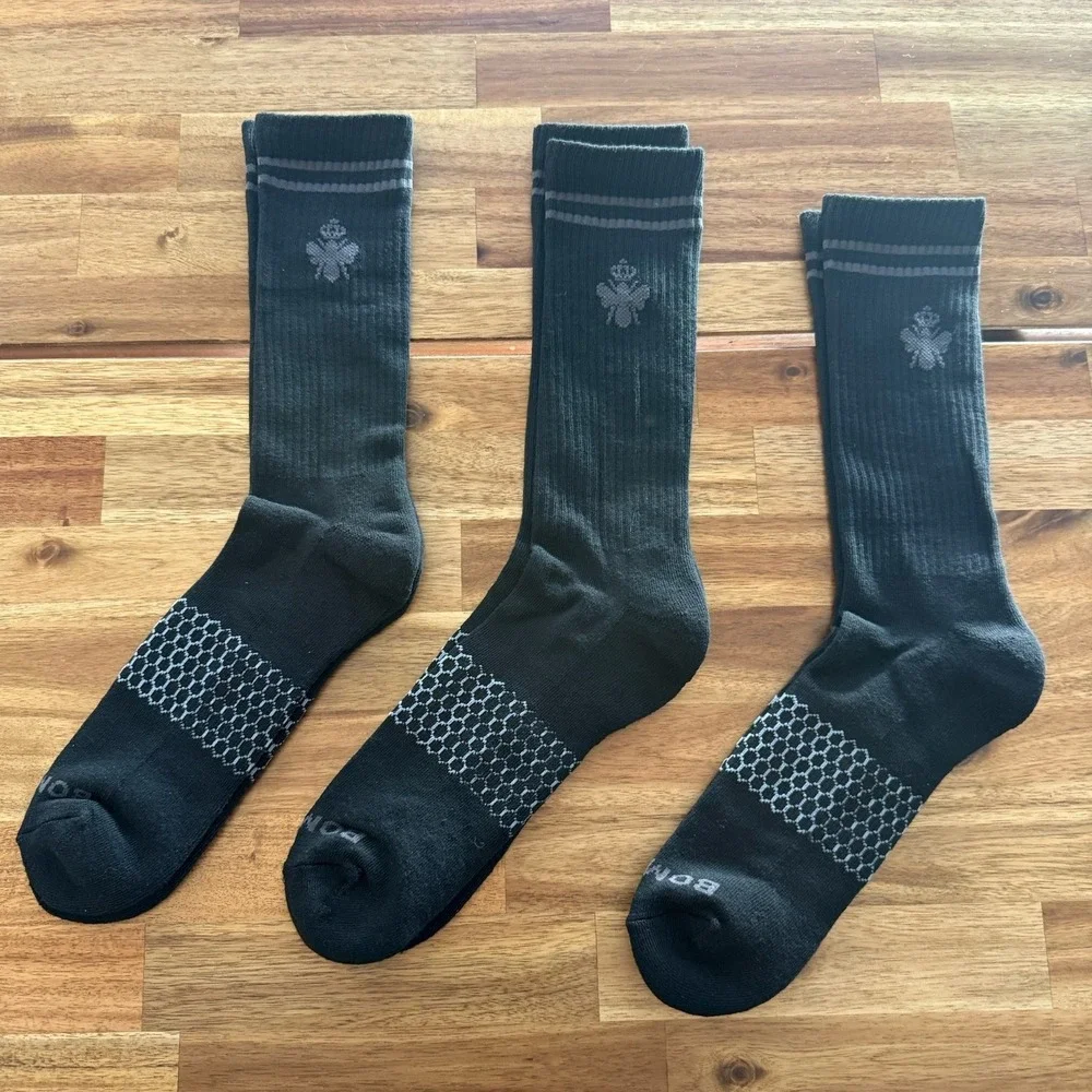 LOT OF 3 Bombas Men's Crew Socks XL Black/Gray Striped Casual Sporty Running NEW